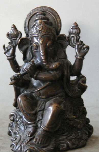 

6" Old Tibet Bronze Seat 4 Amrs Ganesh Lord Ganesha Elephant God Buddha statue S0705 (B0328)