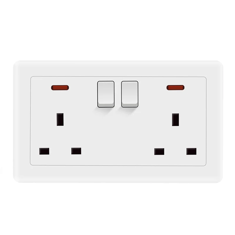 

New 13A/250V UK Double Socket with Button Light Switch Retro Pure White Plastic Panel British Standard Wall Socket Plug