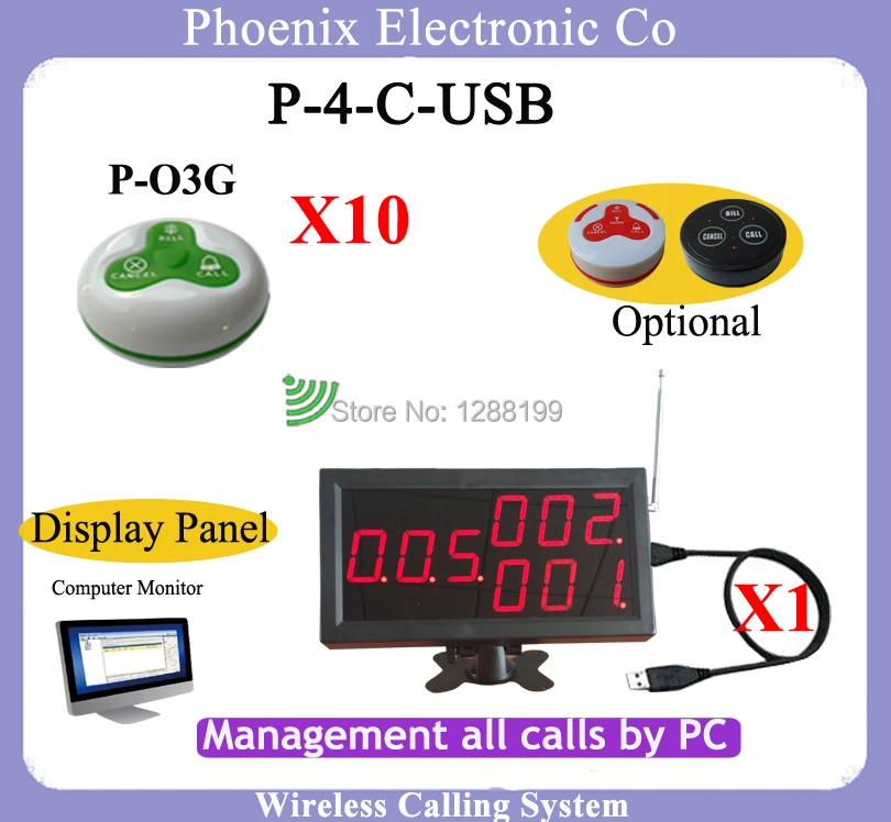 

Restaurant Wireless Waitress Call System With 1pcs Customer LED Display 4-C-USB  and 10 Table Bell P-O3