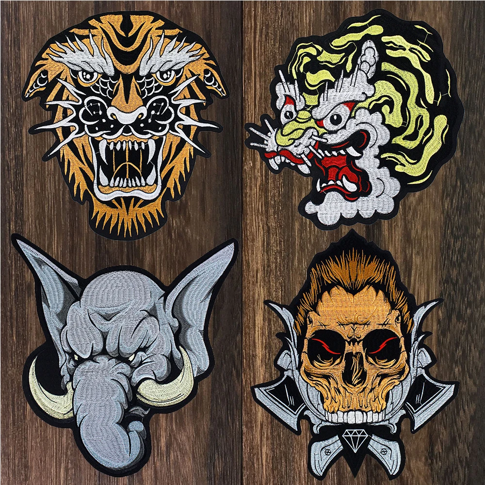 

Motorcycle Patches Tiger Dragon Elephant Skull Embroidery Stickers Iron on Patch for Rock Jacket Jeans Fabric Applique Badge