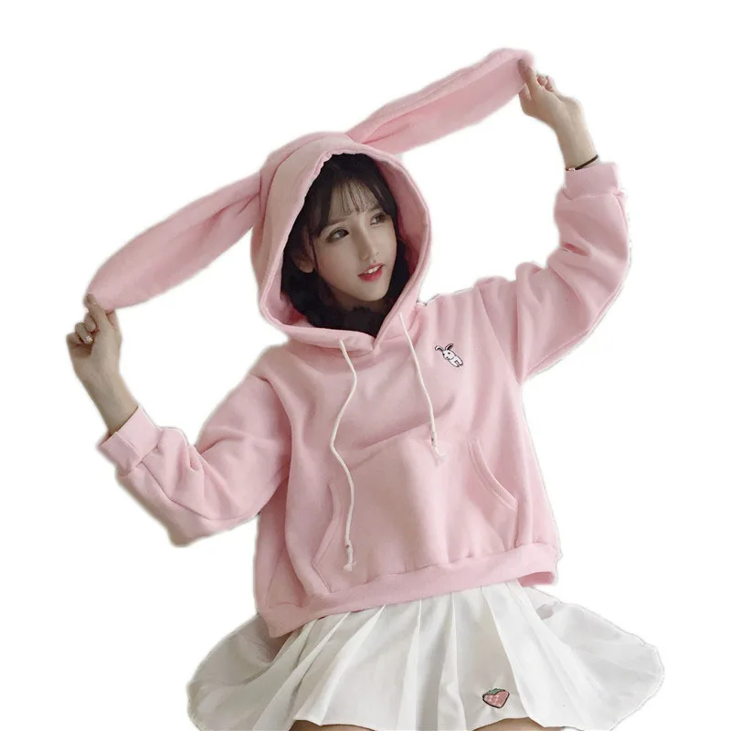 

2018 Harajuku Hoodies Women Long Sleeve Rabbit Embroidered Sweatshirt Pullover Autumn Lovely Rabbit Ears Jumper