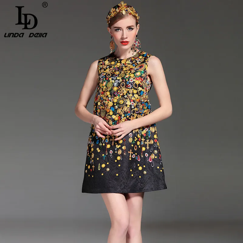 Высококачественное модное дизайнерское подиумное летнее женское платье без рукавов, прямое роскошное жаккардовое винтажное платье с бисером и принтом - Цвет: Многоцветный