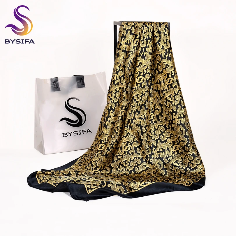 

[BYSIFA] Black Gold Ladies Silk Scarf Shawl Fashion Brand Pure Silk Square Scarves Wraps 90*90cm Winter Large Silk Scarf Cape