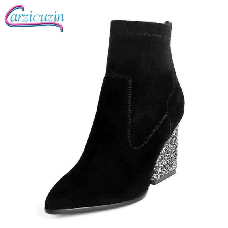 

Carzicuzin Women Ankle Boots Real Leather Warm Winter Shoes Women Sexy Pointed Toe Bling Thick High Heels Fur Boots Size 34-39