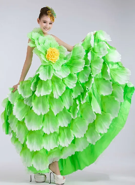 spain dancer green big swing handmade flower female costume banquet group dance modern dance stage performance clothes