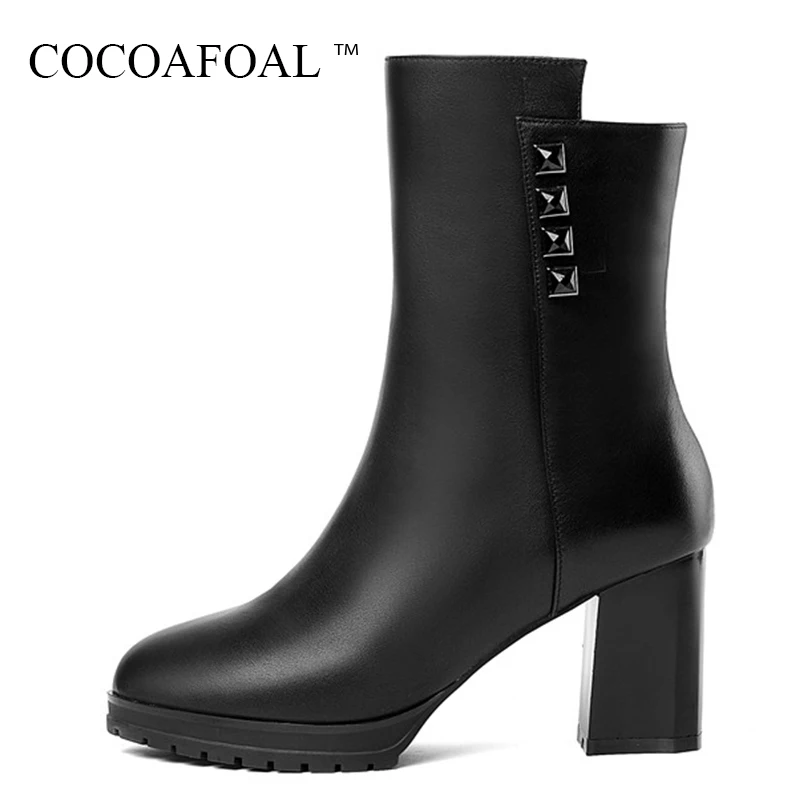

COCOAFOAL Fashion Black High Heeled Shoes Woman Genuine Leather Gray Martin Boots Autumn Winter Rivet Chelsea Ankle Boots 2018