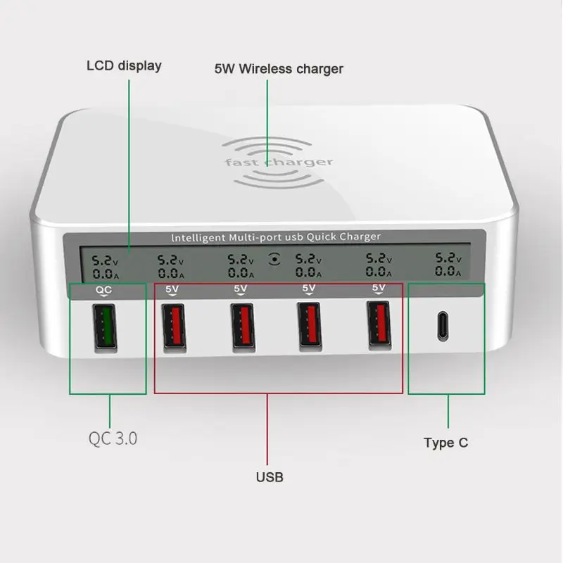 7-в-1 Тип C USB QC 3,0 Быстрая Зарядка Qi Беспроводной Зарядное устройство с ЖК-дисплей Напряжение ток Дисплей для iPhone samsung huawei телефон планшет
