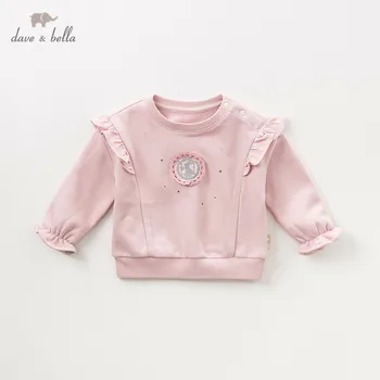 

DBQ11114 dave bella autumn baby girls ruched T-shirt children long sleeve tops girls high quality pullover kids fashion tees