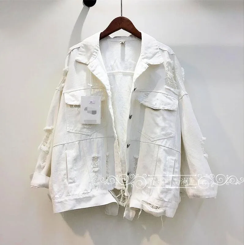 jaune Dessinée Denim Nouveau Paillettes Court Veste Jeans Manteau Outwear Étudiants rose De Femmes blanc Chien Trous Cassé Printemps Bande Bleu 2018 Lâche d1wgvqxX1