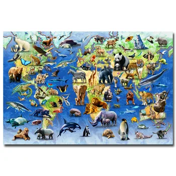 

NICOLESHENTING Animals World Map - Science Educational Art Silk Fabric Poster Print Nursery Wall Pictures Kids Room Decor 006