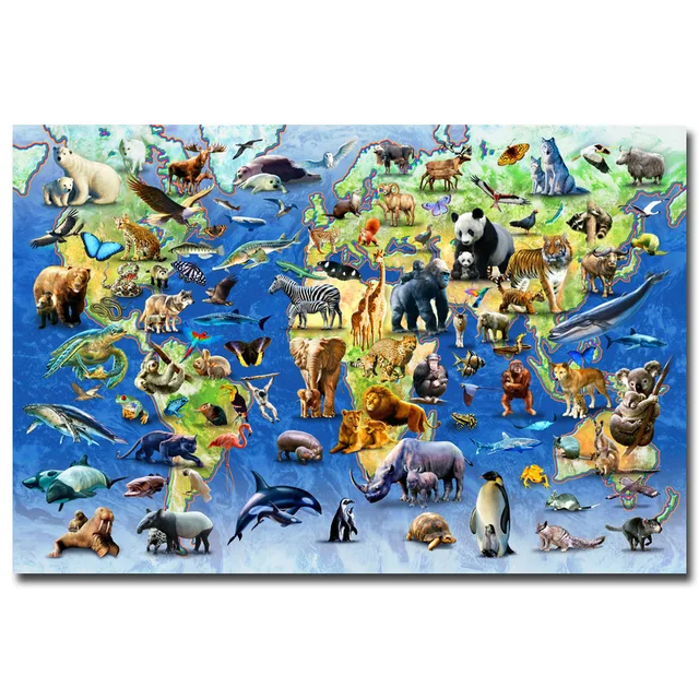nicoleshenting animals world map science educational art silk fabric