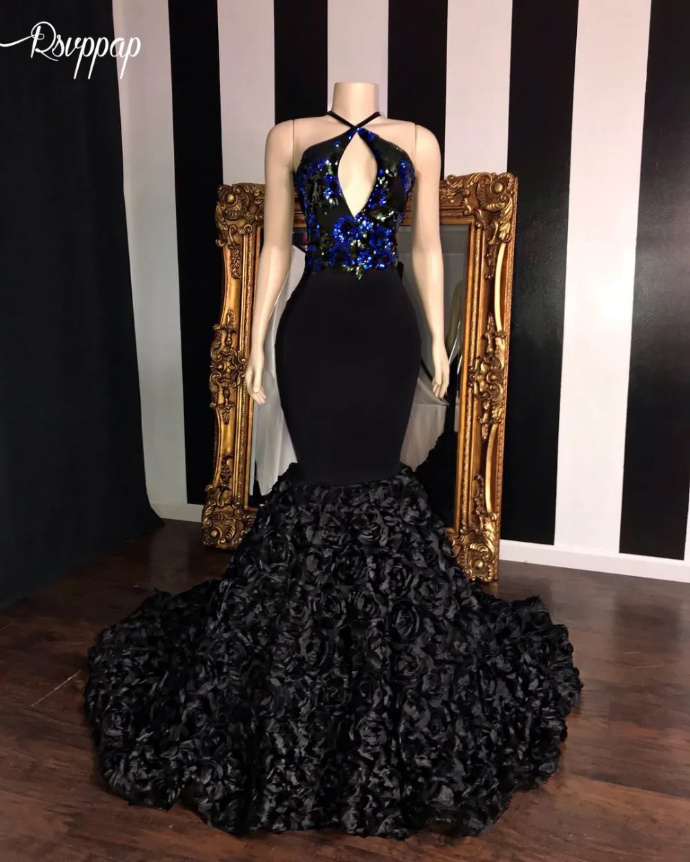 Real Sample Long Mermaid Prom Dresses V-neck Top Sequin Applique Flowers African Girl Black Satin Backless Prom Dress