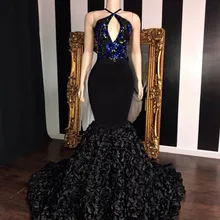 Real Sample Long Mermaid Prom Dresses V-neck Top Sequin Applique Flowers African Girl Black Satin Backless Prom Dress