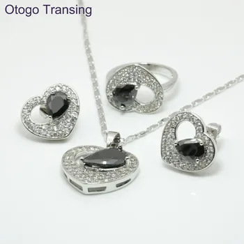 

Otogo Transing 925 Sterling Silver Color Black Crystal AAA Heart Ring Pendant Necklace Earrings Jewelry Sets For Women made S210