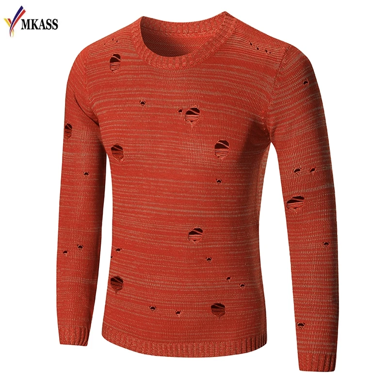 2017 Casual Slim Fit Sweater Men Classic Black Scratches Pullover Men Solid Color O-Neck Pull Homme