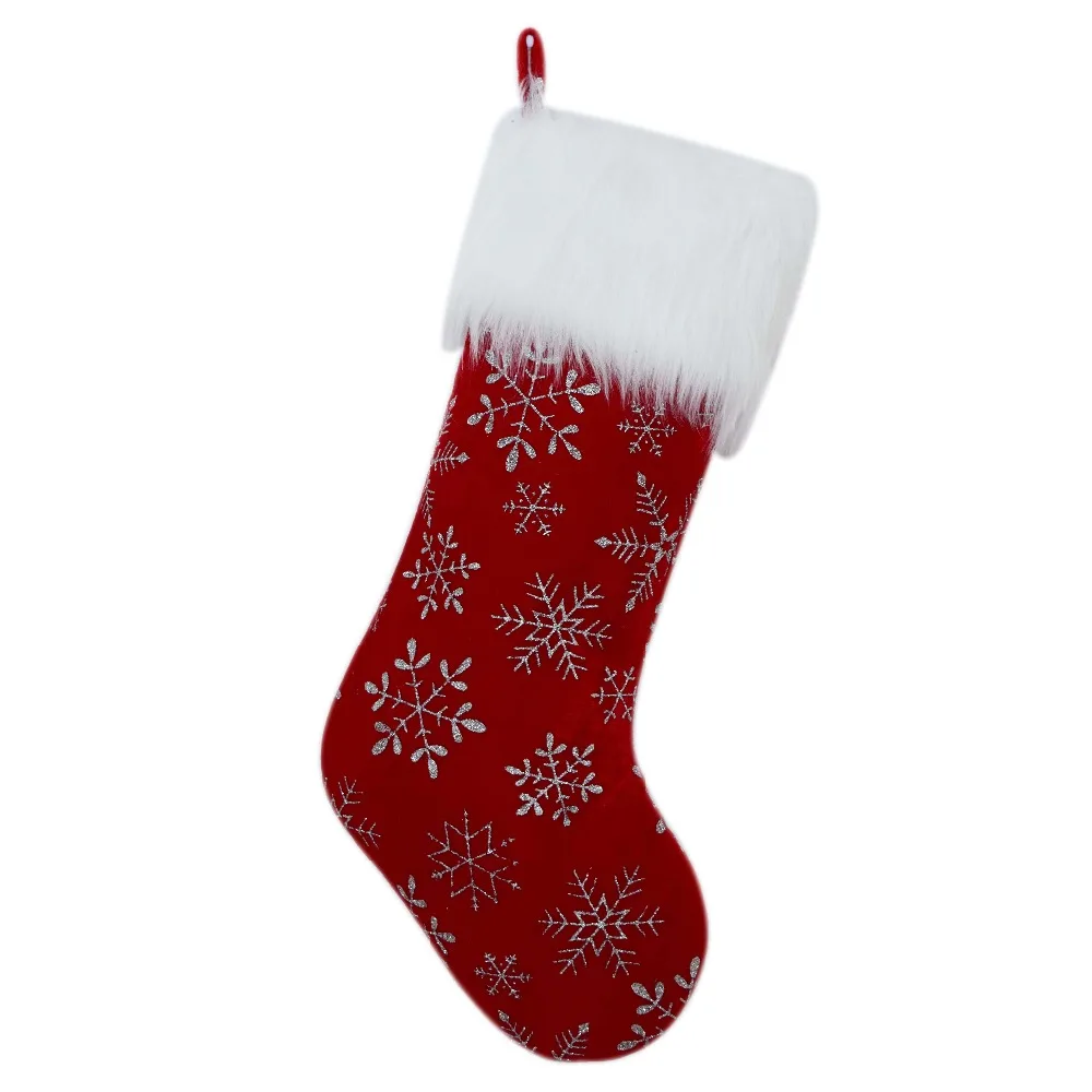 

New arrivel set of 2 pcs red Velvet design snowflake Glitter BlingBling Printed with white faux fur cuff Christmas stocking