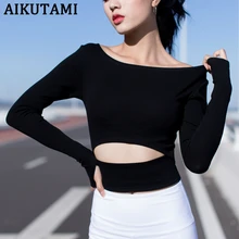 Новинка Осень Зима спортивный Топ Футболка женская с длинным рукавом Сексуальная экспозиция Талия Йога Топ тренажерный зал тренировки футболки фитнес одежда