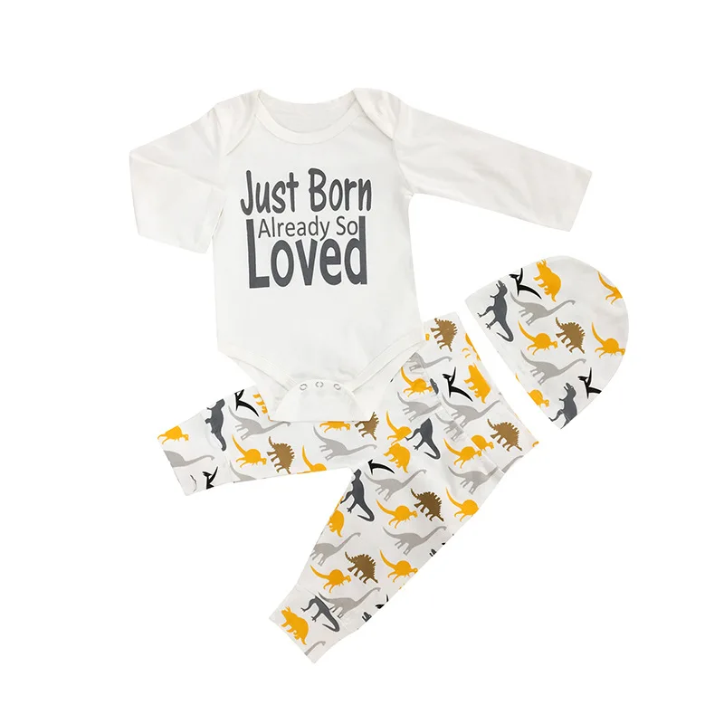 

2018 Spring Baby Casual Clothes Sets Letter Romper +Dinosaur Printed Pant + Cute Hat 3Pcs Outfits Clothes Set