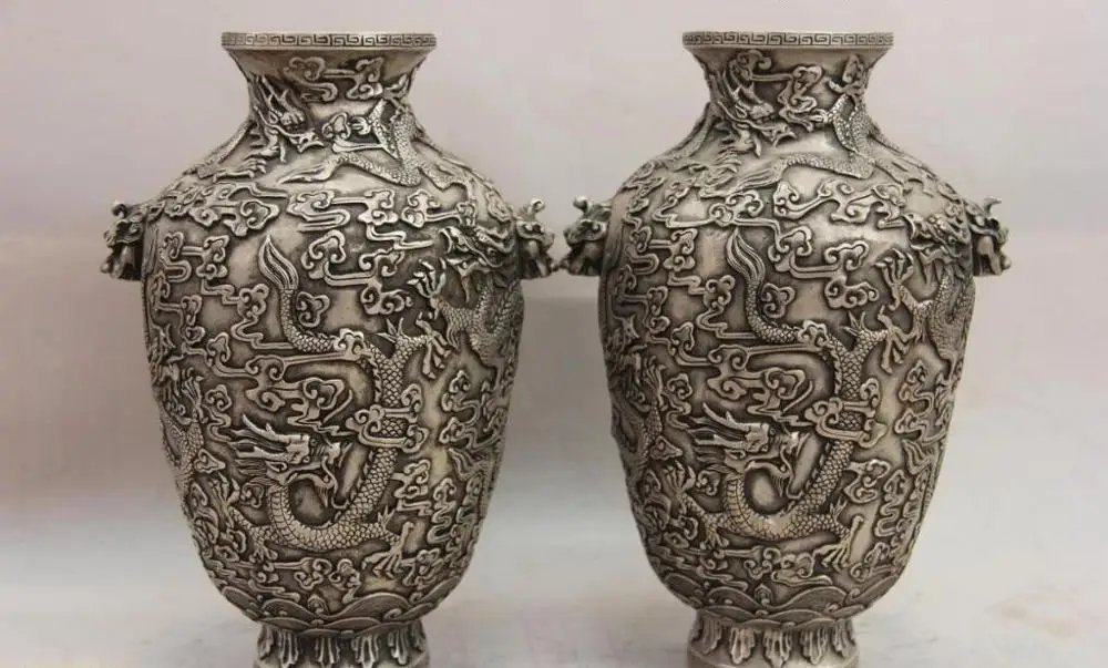 

China White Copper Silver Wild animal Dragon Foo Dog Lion Head Pot Vase Pair