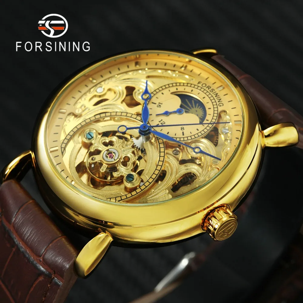 

FORSINING Top Brand Luxury Fashion Dress Men Auto Mechanical Watch Genuine Leather Strap Skeleton Sun Moon Display Wristwatches