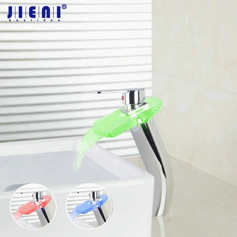 

JIENI Glass LED Light Waterfall Chrome Polished Stream Spout Bathroom Wash Basin Sink 1 Handle Deck Mount Sink Tap Mixer Faucet