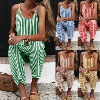 

New Women Ladies Fashion Casual Chic Summer Jumpsuit Striped Sleeveless Long Jumpsuit Party Clubwear