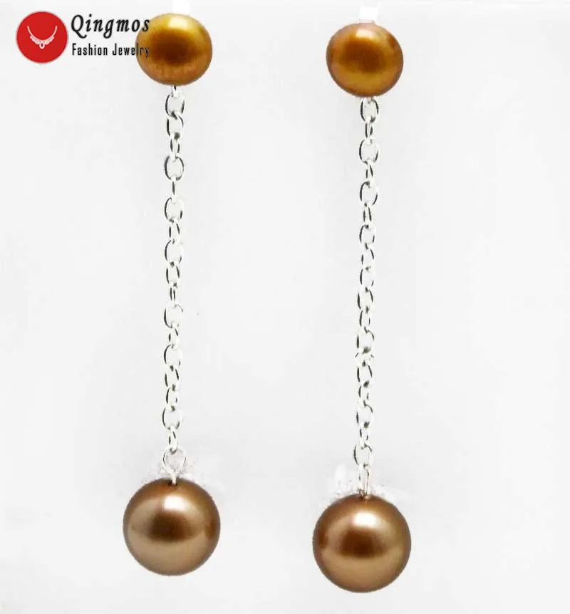 

Qingmos Natural Pearl Earring for Women with Brown 7-8mm Flat Round Pearl & Dangle 12mm Sea Shell Pearl Earrings Jewelry ear560