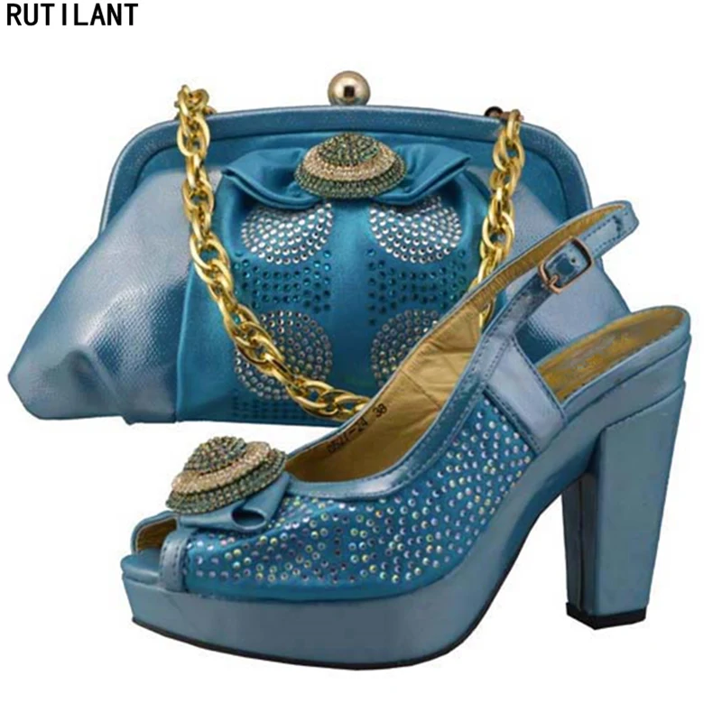 

Blue African Italian Shoes and Bag Set Ladies Italian Shoes and Bag Set Decorated with Rhinestone Nigerian Women Wedding Shoes