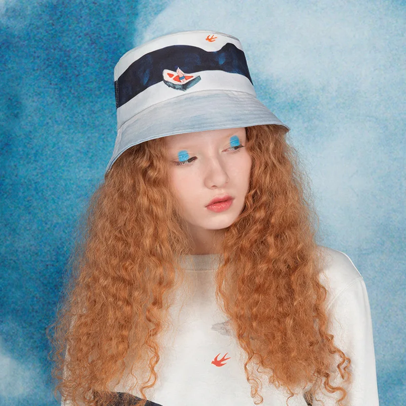 

2018 Original Design Women Bucket Hats Fishing Hunting Simple Unisex Cartoon Embroidered Protection Caps Fisherman Print