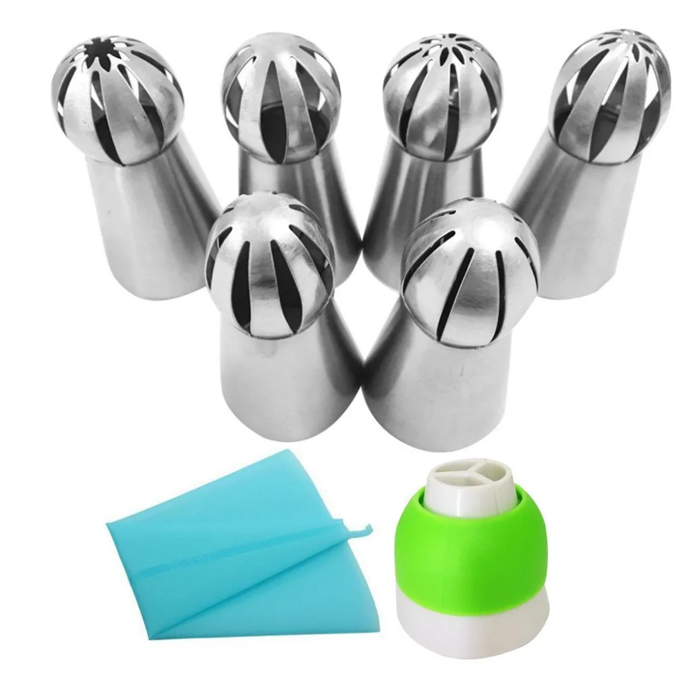

Russian Piping Tips Set- 6pcs Sphere Ball Tips + 1 Tri-color Coupler + 1 Reusable Pastry Bag - Large Size Baking Tool