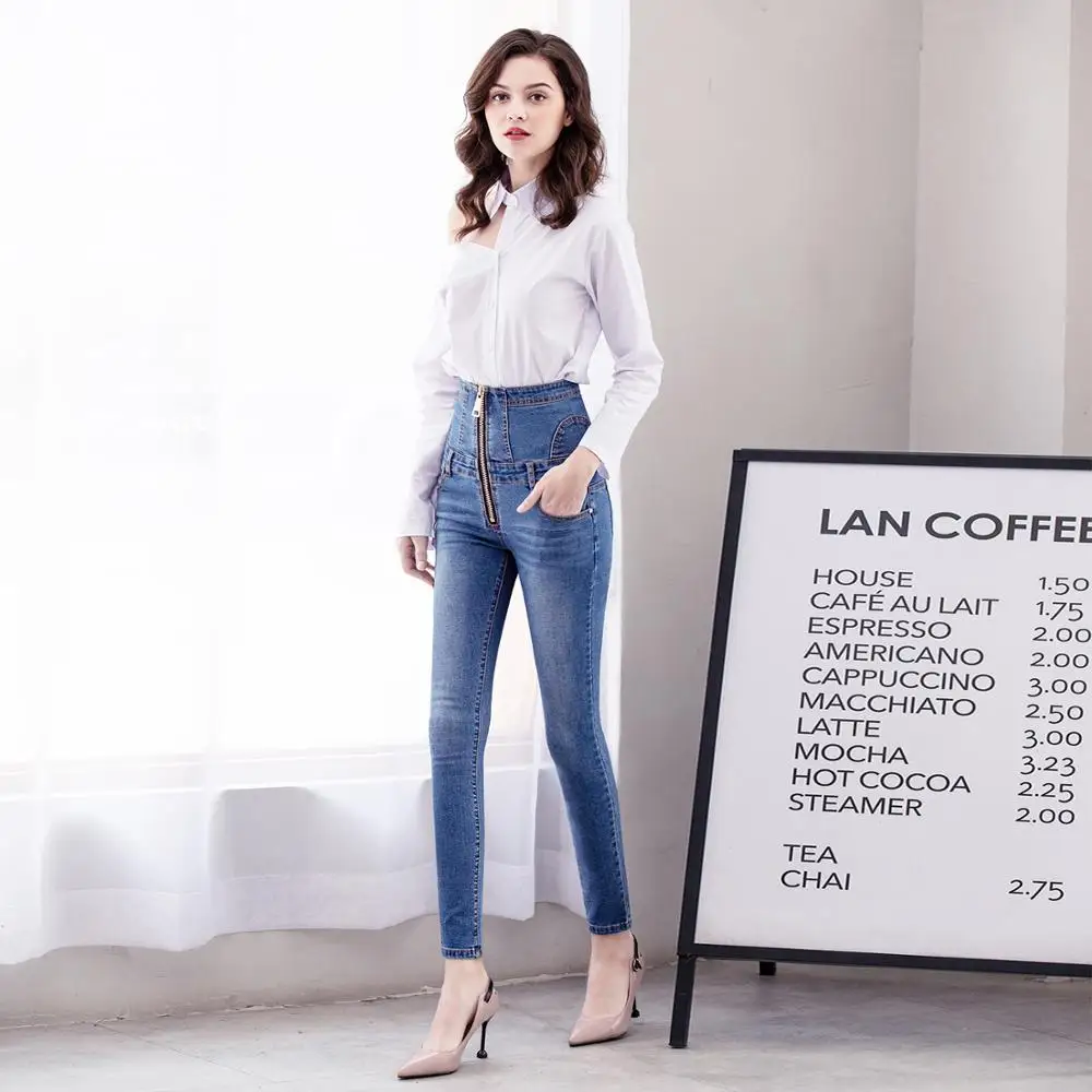 

Women's summer new cotton high waist strap zipper jeans mesh red tight stretch thin pants pants pencil pants