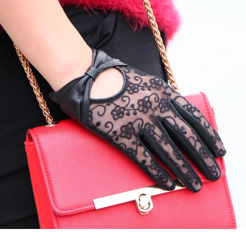 Женские перчатки из натуральной кожи с бантиком и кружевом, осенне-зимние солнцезащитные перчатки из овчины, женские короткие стильные перчатки с сенсорным экраном, L177N