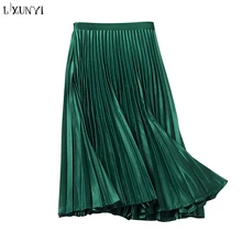 LXUNYI атласные плиссированные юбки женские Длинная с резинкой в талии длинная юбка весна-лето зеленый черный юбка высокая талия Твердые повседневные юбки
