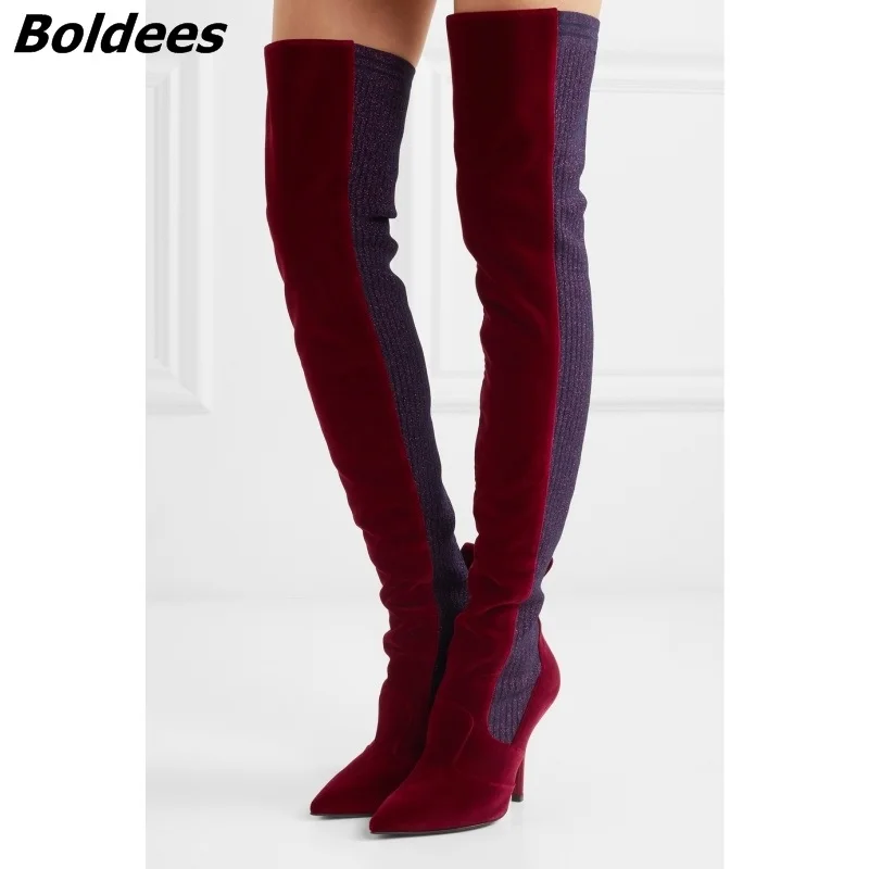 

New Arrival Pointed Toe Thin High Heel Boots Velvet Knit Patchwork Over The Knee Women Boots Sexy Slim Red Botas Mujer Winter