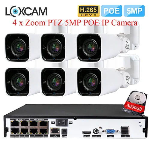 8CH NVR x 6 Cameras LOXCAM H.265+ 8CH 5MP NVR комплект камер видеонаблюдения 5MP PTZ с автоматическим зумом наружная Водонепроницаемая ip-камера безопасности комплект видеонаблюдения - Цвет: 8CH NVR x 6 Cameras