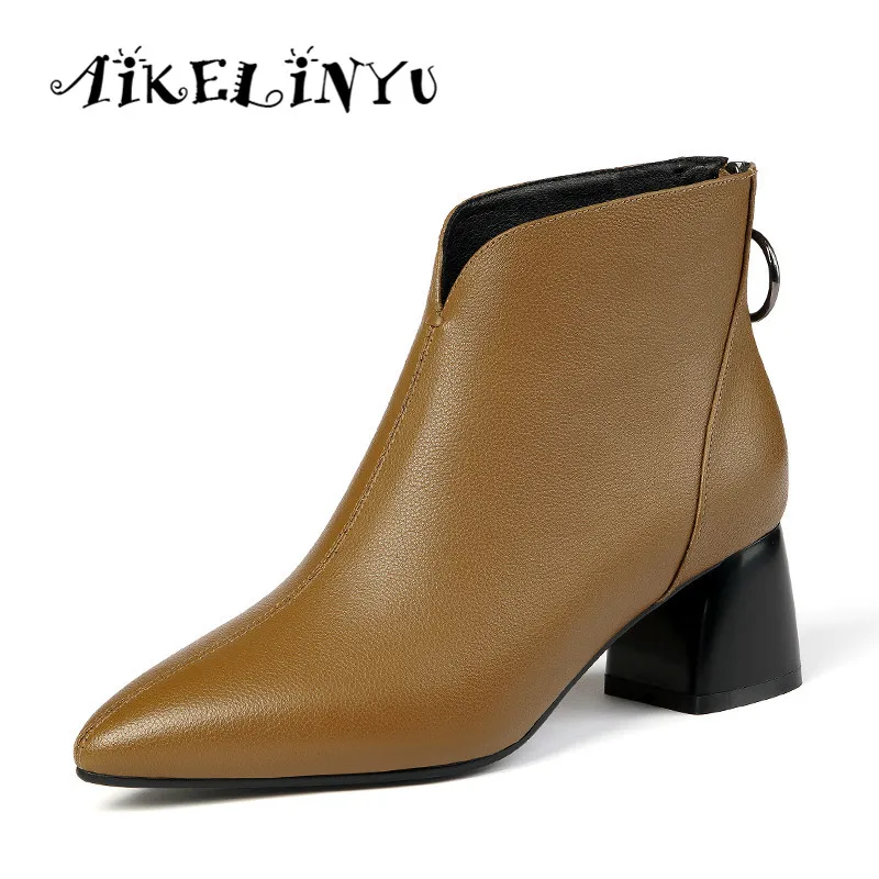 

AIKELINYU Autumn Fashion Zip Bare Boots Thick Heel Pumps England Martin Boots Pointed End Women's Shoes Black High Heel Boots