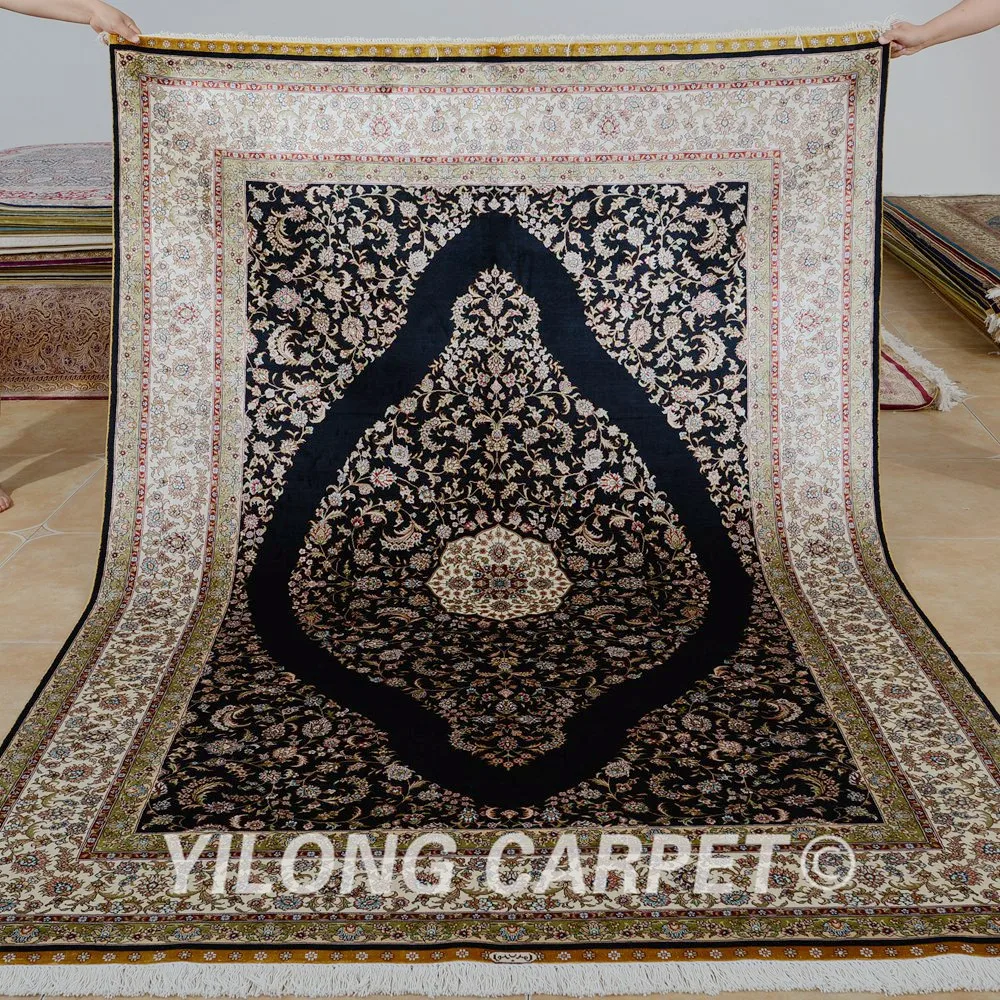 Yilong 5,5 'x8' античный ручной работы шелковый ковер черный прямоугольник шелк Тебриз ковер(0205