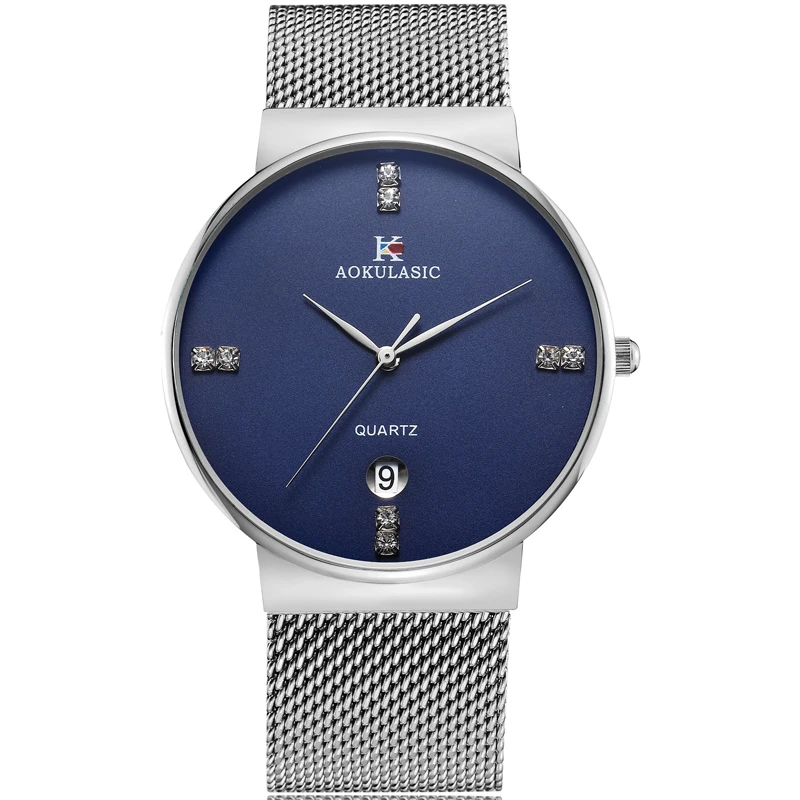 AOKULASIC Роскошные Брендовые мужские сверхтонкие часы из нержавеющей стали водонепроницаемые ультра-тонкие кварцевые часы мужские часы relogio masculino