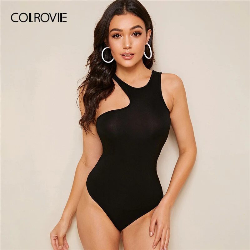 

COLROVIE Black Solid Asymmetrical Neck Fitted Skinny Club Bodysuit Women 2019 Summer Sleeveless Sexy Body Female Bodysuits