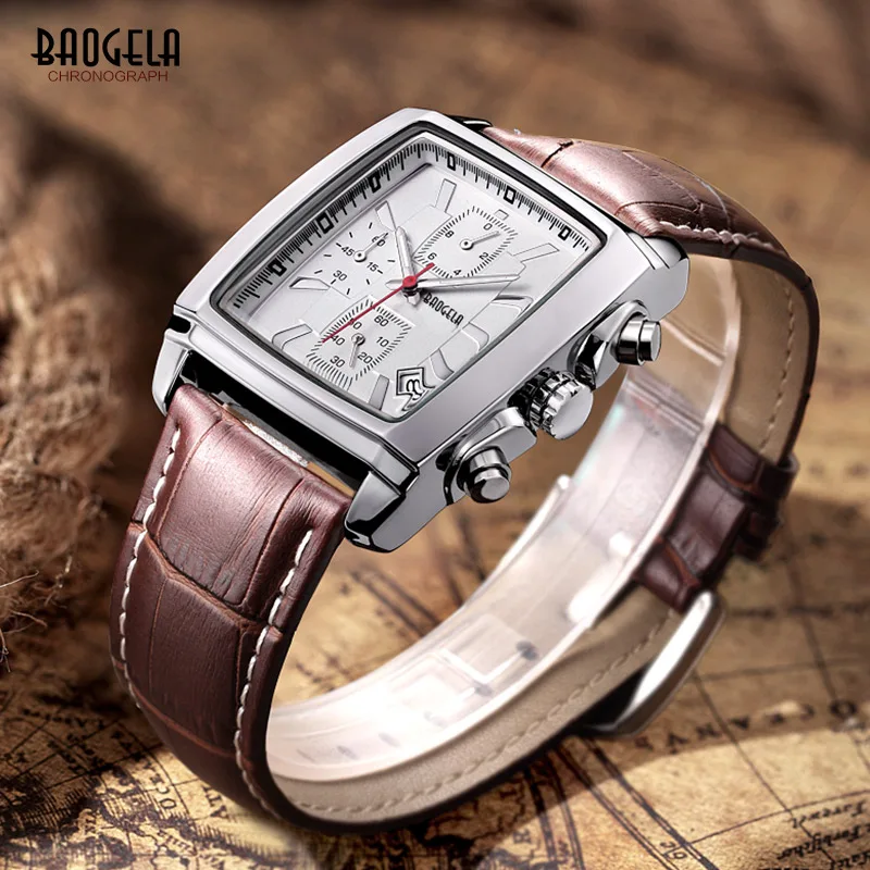 

Baogela Mens Chronograph Watch Luminous Waterproof Quartz Watches Leather Band Rectangle Dial With Calendar Date Male Wristwatch