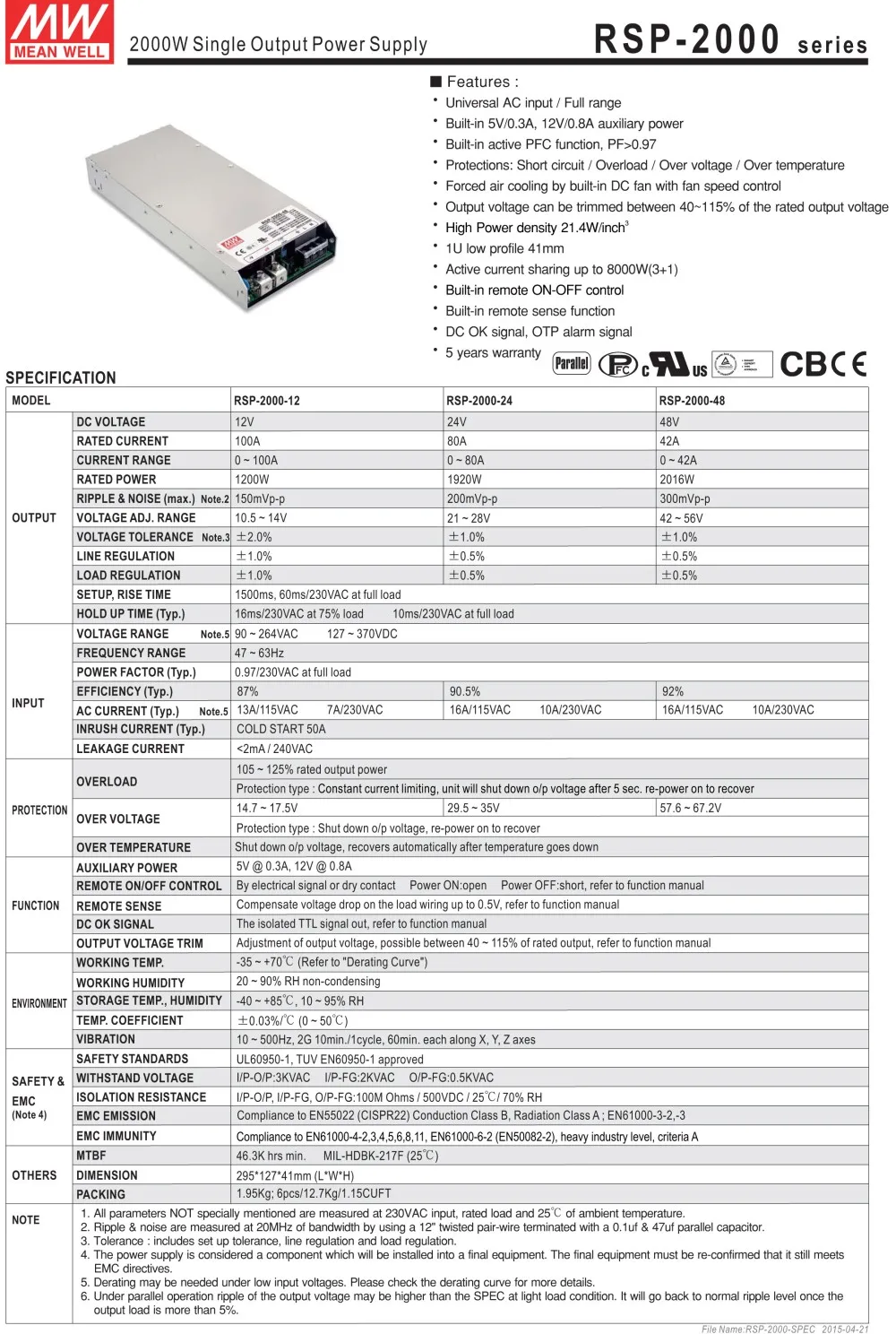 MEAN WELL RSP-2000-48 meanwell 2016 Вт Один выход с PFC Функция питания RSP-2000