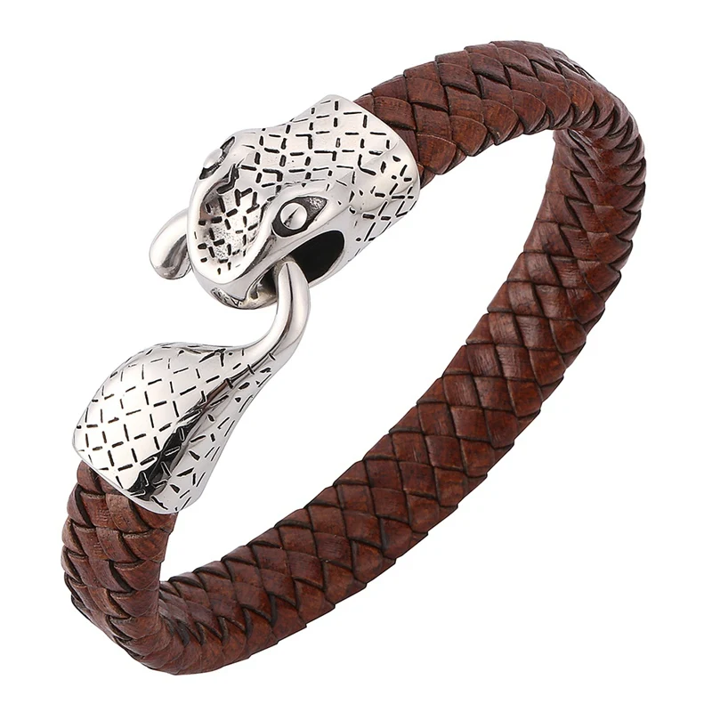 

Hot Genuine Leather Punk Style snake Creative Design Stainless Steel Buckle Charm Men Leather Bracelet pulsera hombre BB168