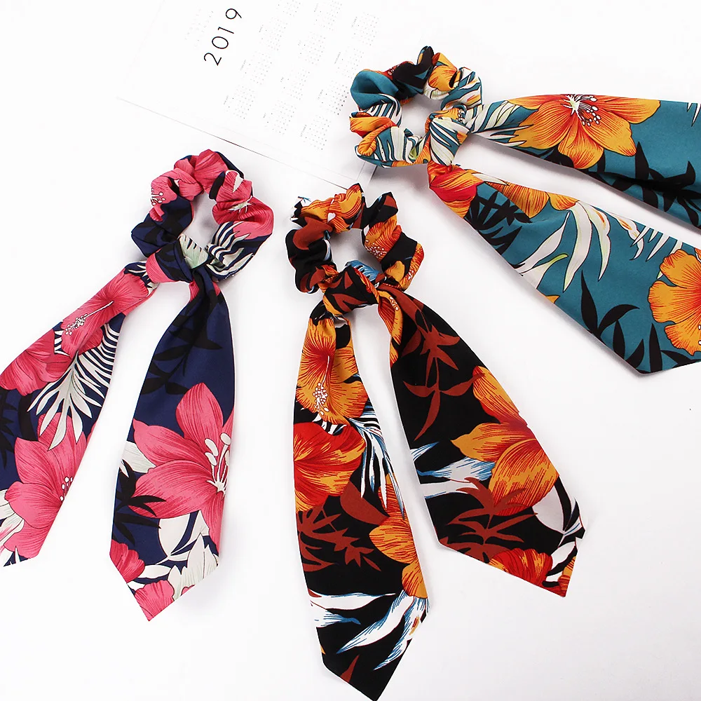 

Elegant Women Printed Flower Scrunchies DIY Bow Streamers Girls Hair Ties Elastic Ribbon Bands Hair Scarf Hair Accessories