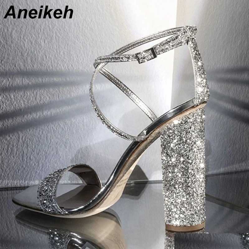 

Aneikeh Women High Heels Sandals Summer Square Heels Crystal Heeled Platform Shoes Ladies Sexy Party Wedding Buckle Strap Shoes