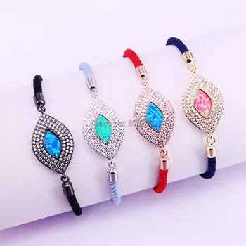 

New Arrival 6PCS Micro Pave Cubic Zirconia And Opal Eyes Connector Bracelets,Cz Charm Connector Cotton Rope Bracelet