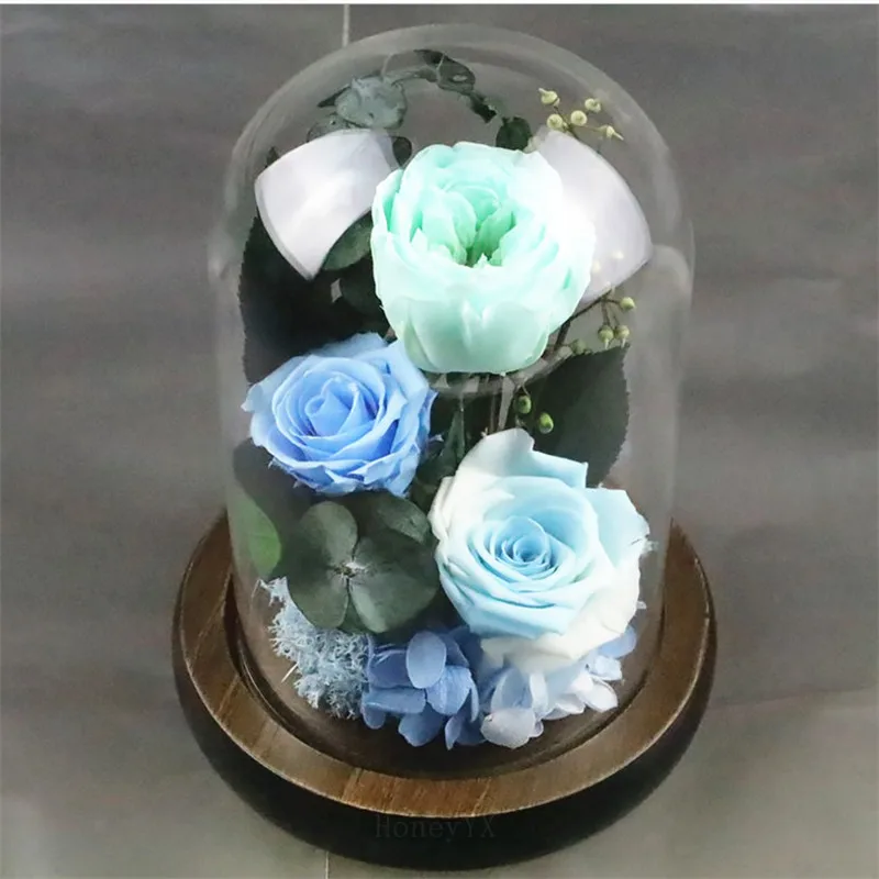 Blue Forever Rose Flower Preserved Immortal Rose In Glass Vase Cloche