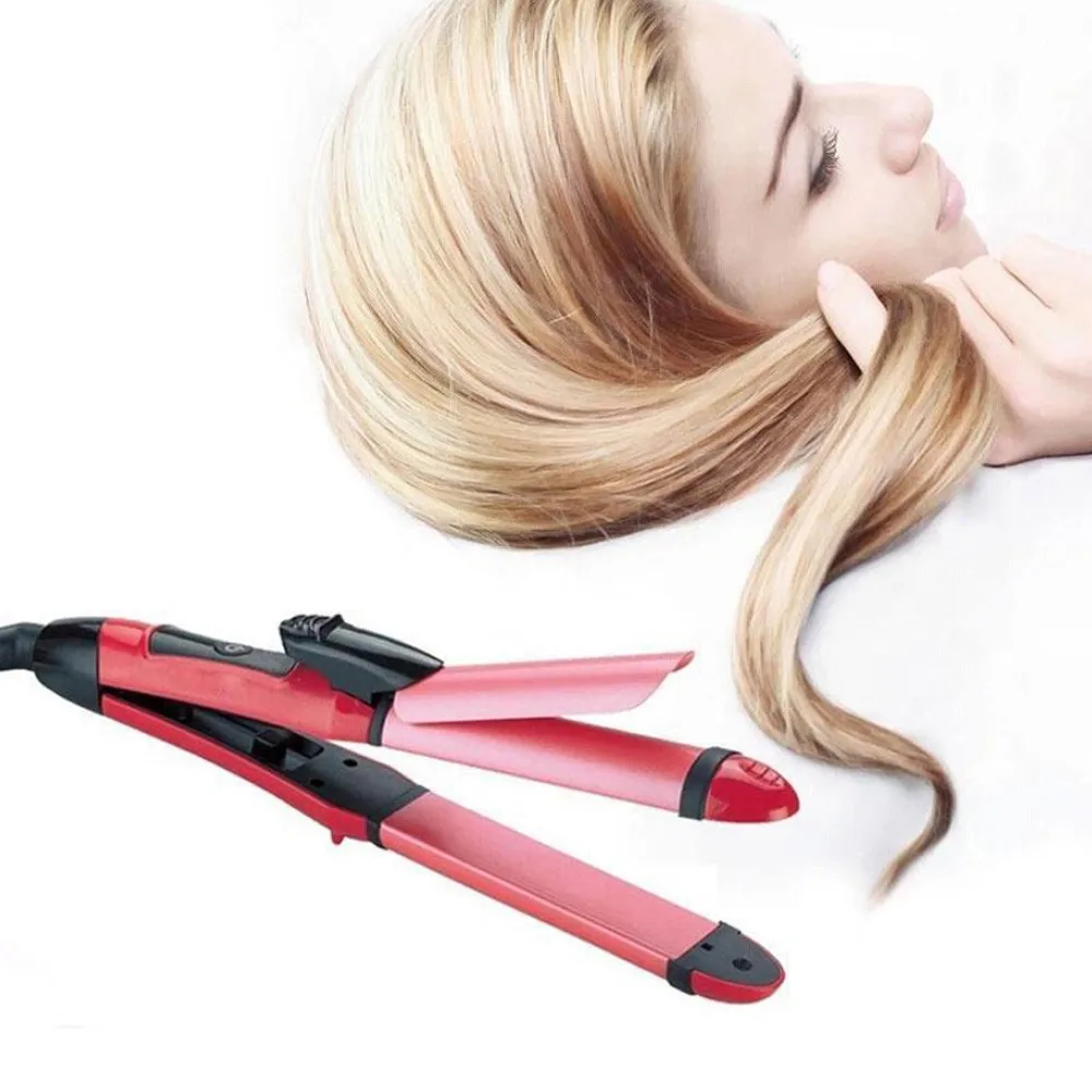EU Plug 2 In 1 Hair Beauty Set Curl & Straight Multifunction Hair Straightener & Hair Curler for