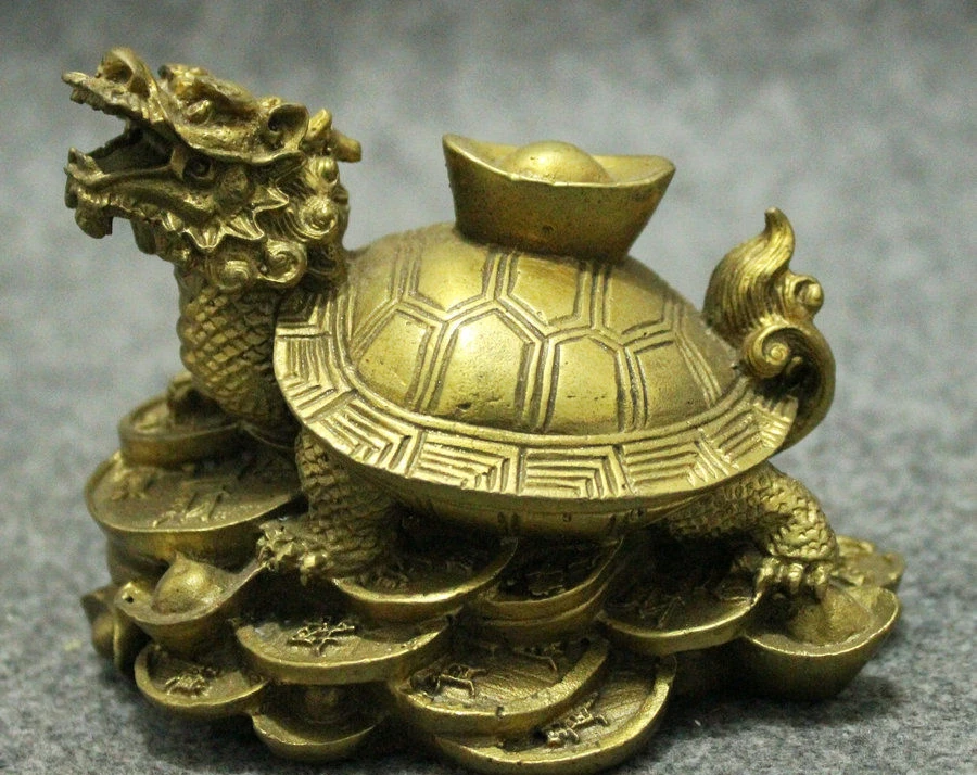 

Folk Chinese FengShui Brass Wealth YuanBao Coin Dragon Turtle Statue Sculpture
