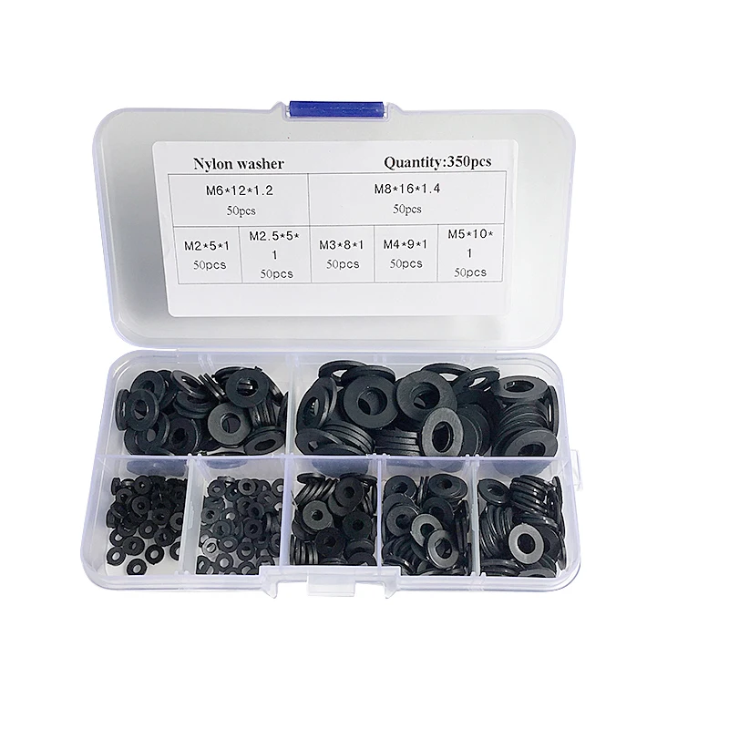 

350Pcs Black M2-M8/PCB Nylon Plastic Washer Bolt Assortment kit set With Plastic Box Gasket Ring Fastener Hardware