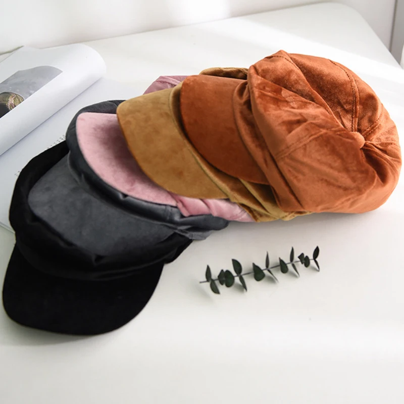 HT2566 осень зима шляпа Женская берет художника Pleuche берет шляпа Женская Твердая плоская восьмиугольная кепка газетчика береты для женщин